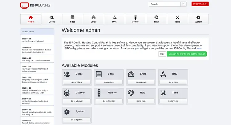 Панель управления ISPConfig после входа