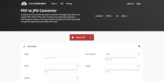 Страница CloudConvert: выбор файла и опции конвертации
