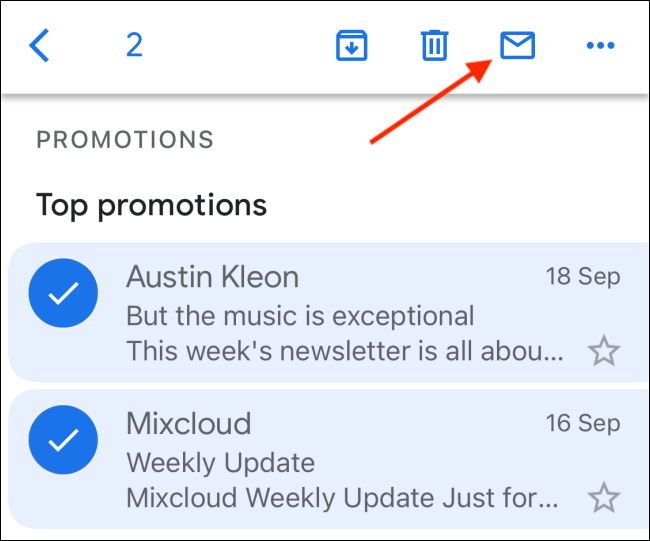 Нажмите значок закрытого конверта, чтобы пометить письма как непрочитанные