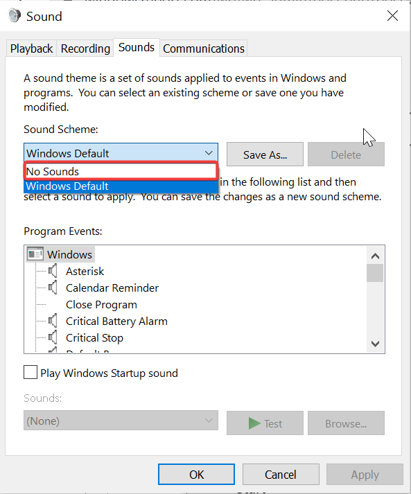 Опция Без звуков в выпадающем списке схем