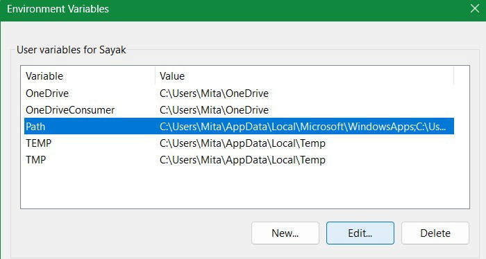 Окно редактирования переменной Path в Переменных среды Windows