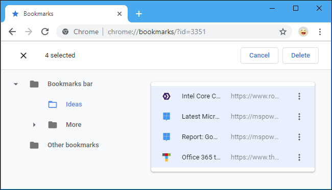 Интерфейс менеджера закладок с выделением элементов