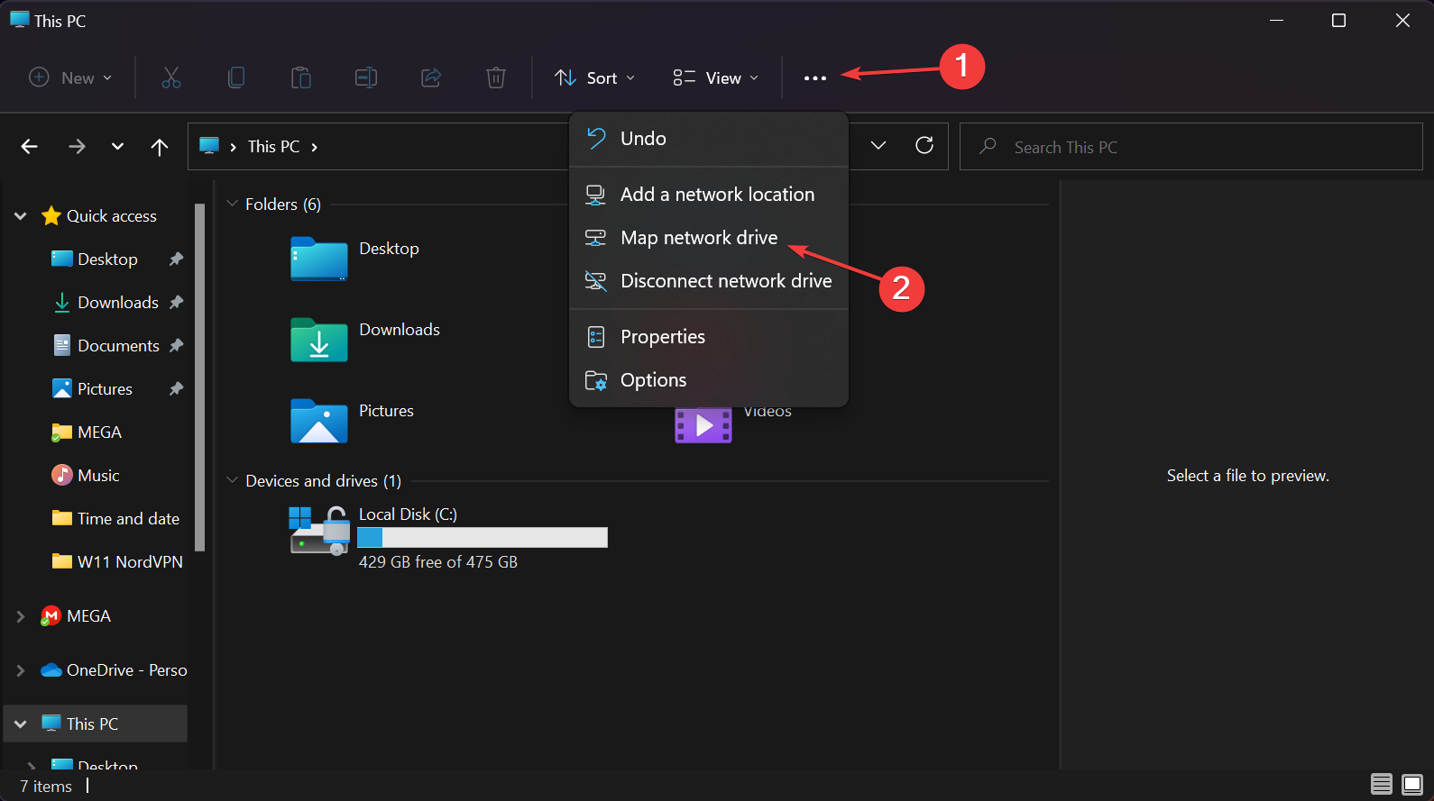 Скриншот Проводника Windows 11 с меню и кнопкой дополнительных действий