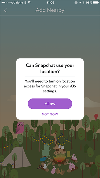 Экран добавления пользователей рядом в Snapchat