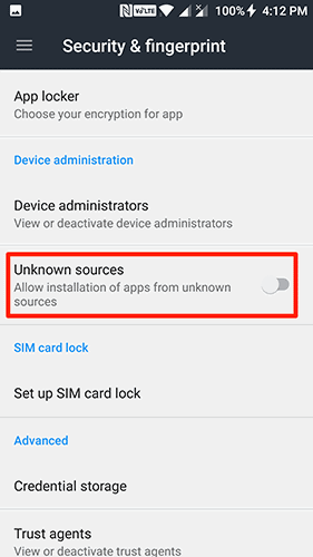 Attivare l'opzione Sorgenti sconosciute nelle impostazioni di sicurezza