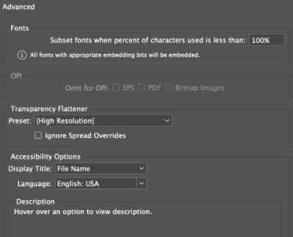 Параметры advanced: шрифты, OPI, прозрачности.