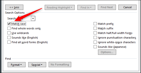 Опция «С учётом регистра» в параметрах поиска