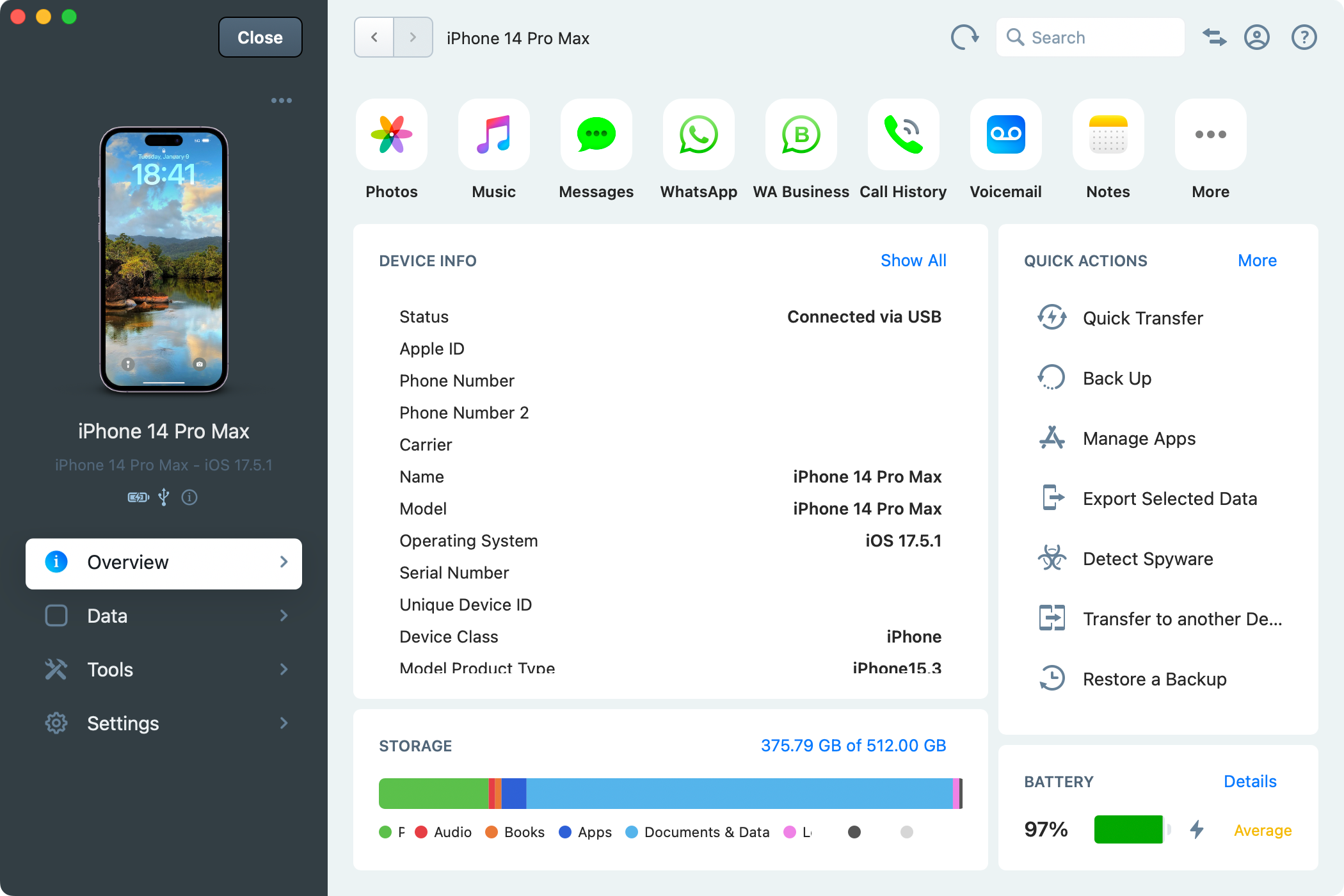 Экран обзора iPhone в приложении iMazing на macOS.