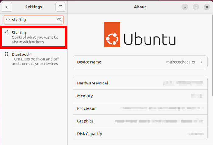 Поиск категории Общий доступ в настройках Ubuntu