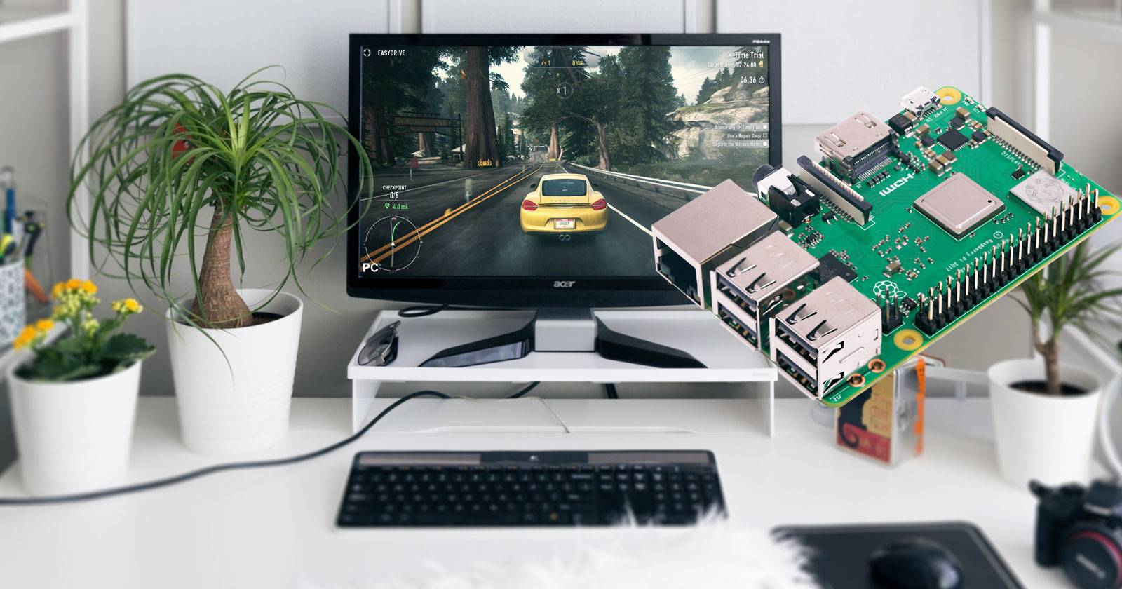 Raspberry Pi с подключённым геймпадом и экраном, показывающий меню игр