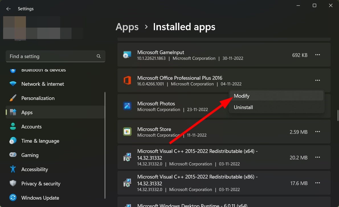 Пункт меню Изменить для приложения