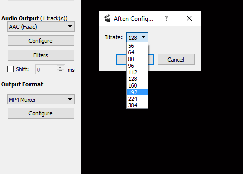 Настройки звука в Avidemux: выбор кодека AAC и битрейта