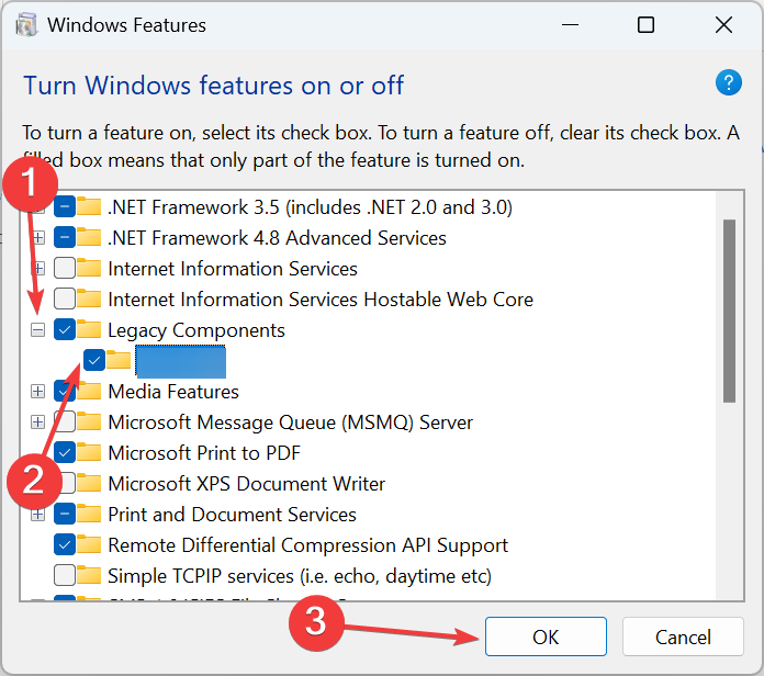 Список компонентов с опцией NTVDM в Legacy Components