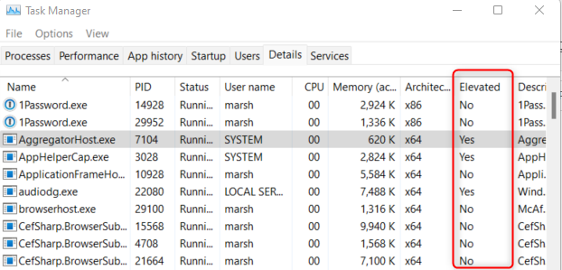 Столбец Elevated в Диспетчере задач.