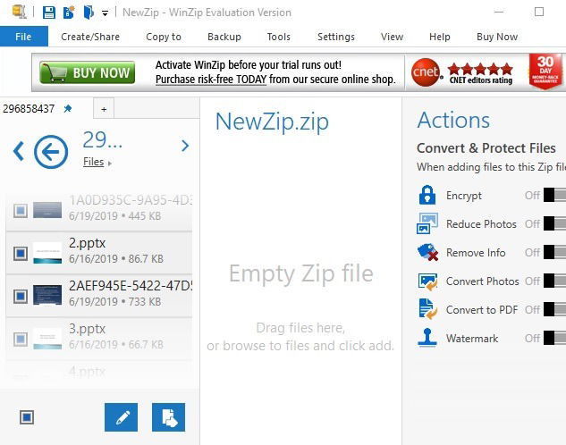 Выбор файлов для архивации в WinZip