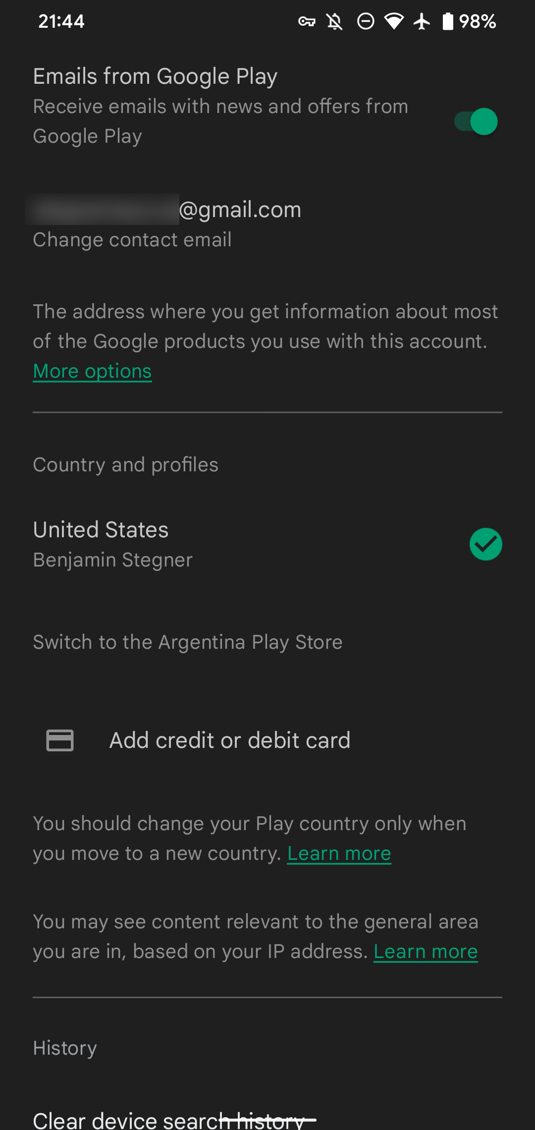 Настройки страны Google Play, скриншот 2021