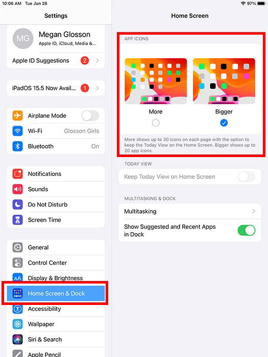 Экран выбора размера значков для пожилого пользователя