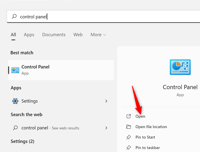 Кликаем Открыть в результатах поиска Панели управления