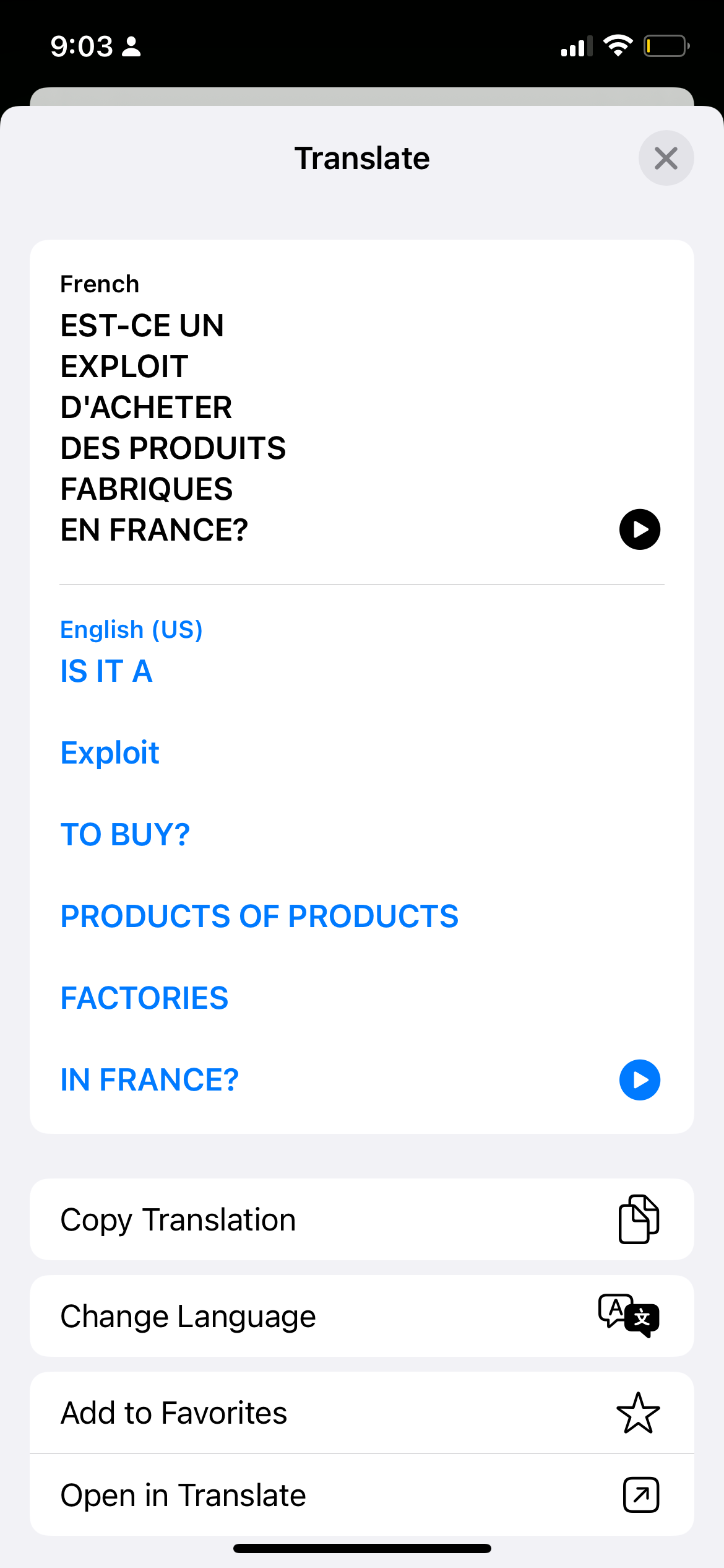 Окно перевода после распознавания изображения