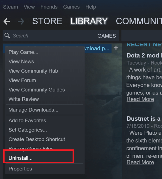 Окно Steam: удаление PUBG перед переустановкой
