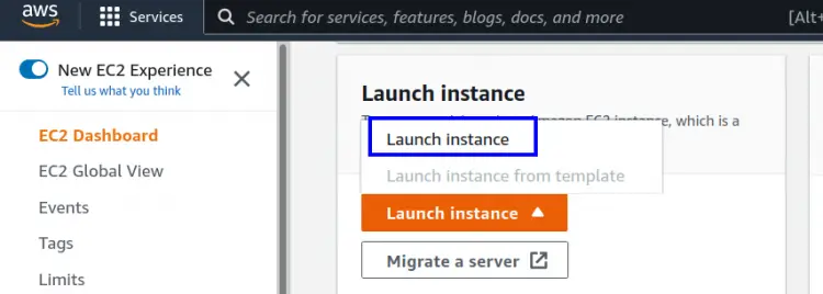 Кнопка запуска инстанса на EC2 Dashboard