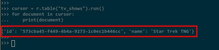 Просмотр данных в RethinkDB через Python
