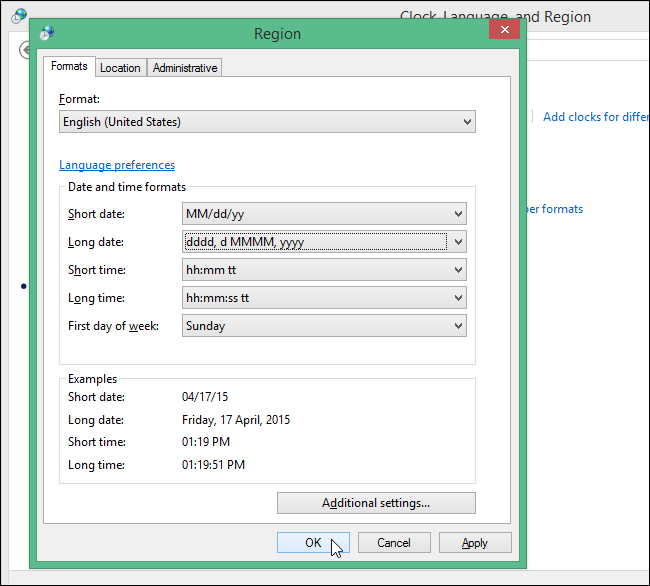 Подтверждение изменений в диалоге Регион