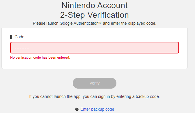 Вход с 2FA в аккаунт Nintendo