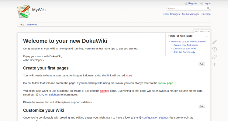 Главная страница DokuWiki после установки