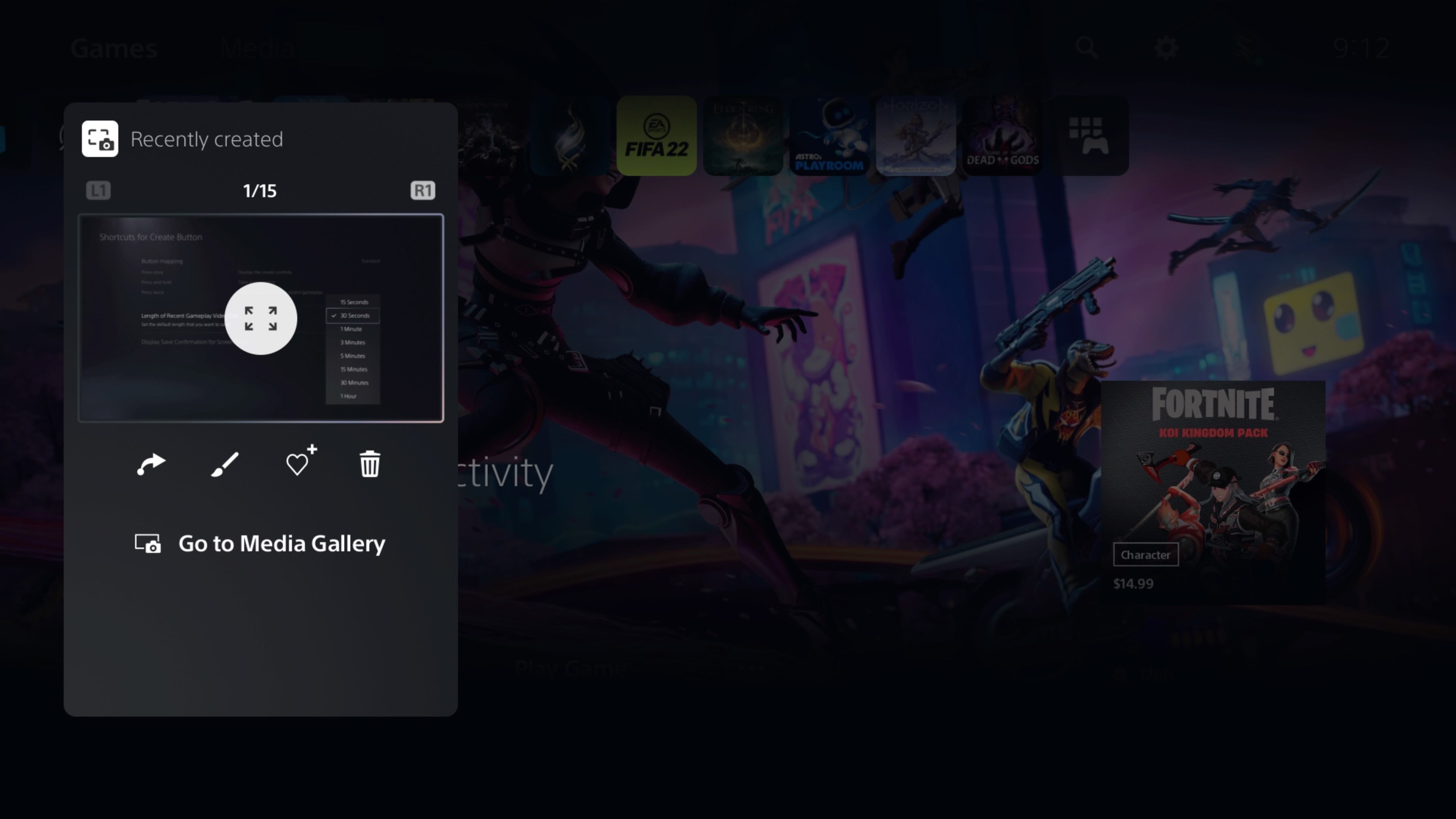 Оверлей недавно созданного клипа на домашнем экране PS5