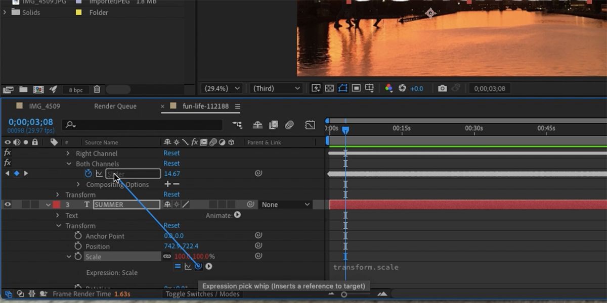 After Effects layers showing expression pick whip being dragged to audio slider.