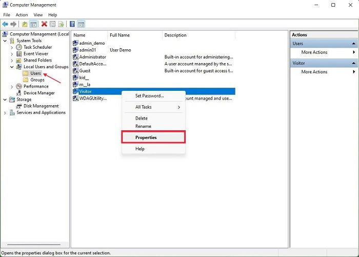 Свойства учетной записи в Computer Management