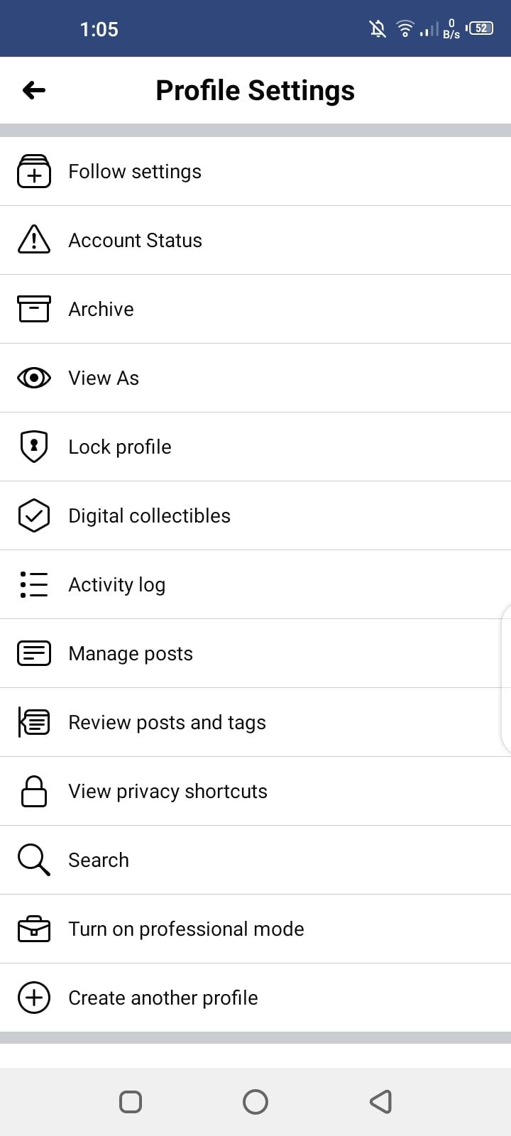 Настройки профиля в мобильном приложении Facebook
