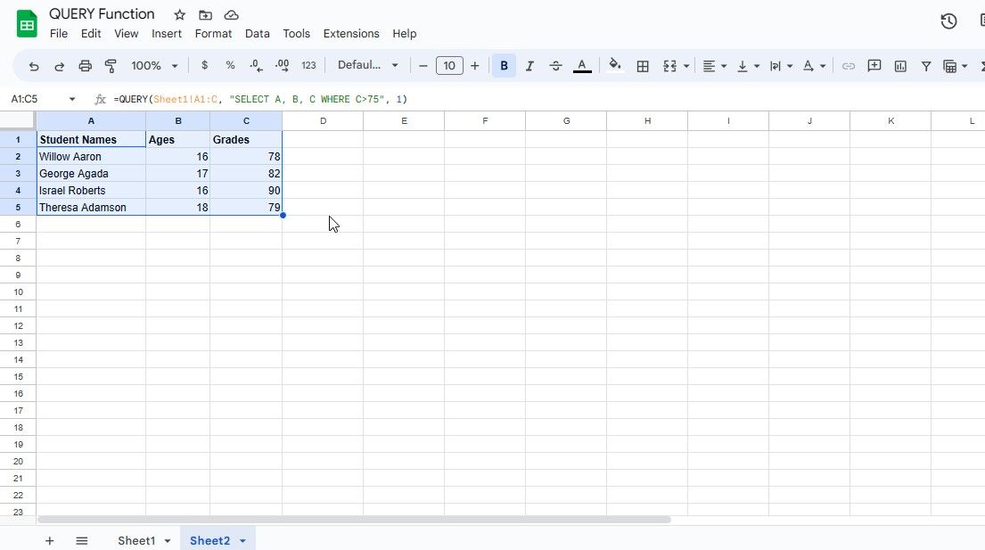 Лист Sheet2 с результатом запроса из Sheet1