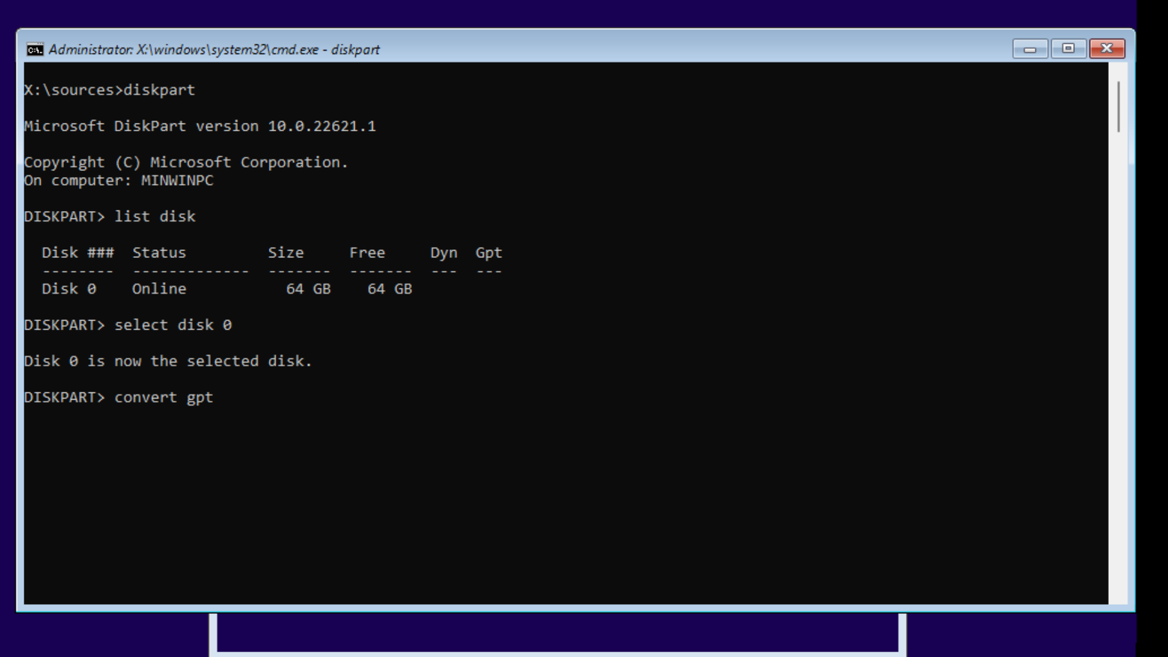 Конвертация диска MBR в GPT с помощью diskpart