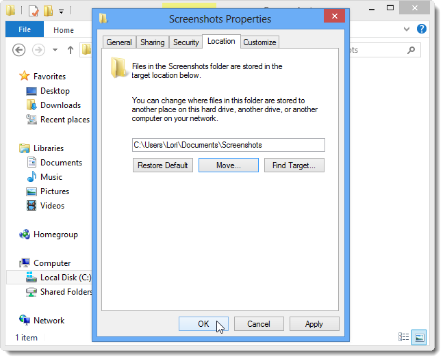 Подтверждение нового пути — кнопка OK