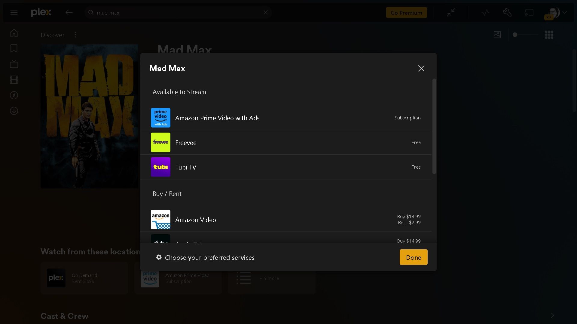 Plex показывает, какие сервисы транслируют фильм 'Безумный Макс'