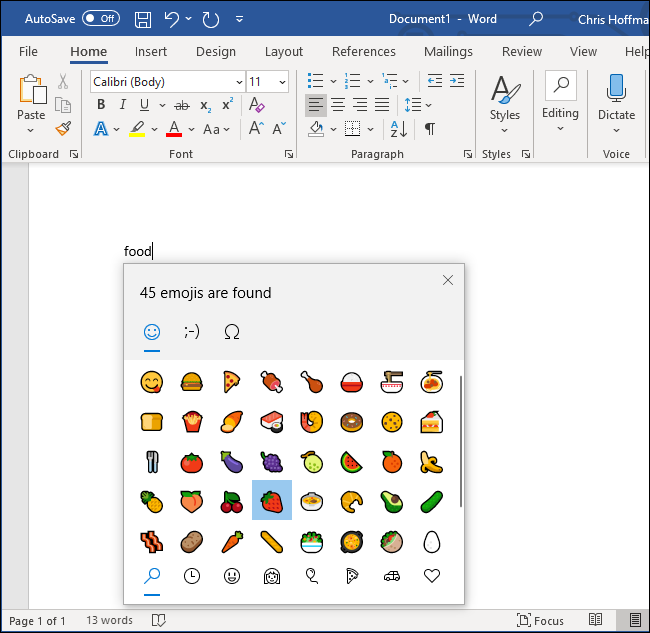 Поиск эмодзи по слову «food» (еда) в Microsoft Word.