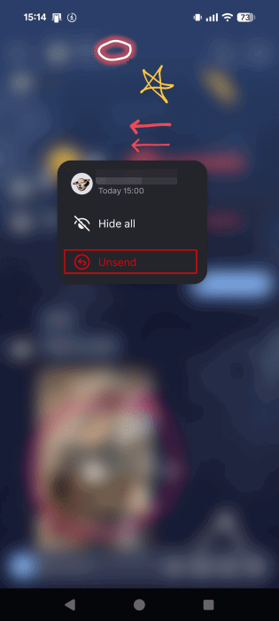Выбор «Отменить отправку» рисунка в DM Instagram на Android