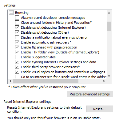 Опции отключения отладки скриптов в свойствах интернета
