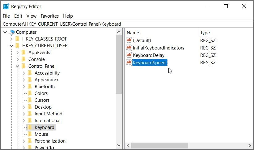 Параметр KeyboardSpeed в редакторе реестра