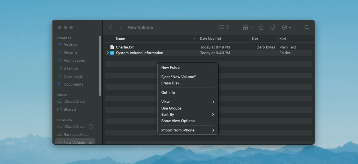 Окно Finder macOS с открытым NTFS-диском