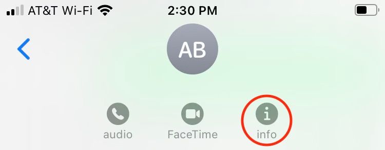 Нажатие на фото контакта и выбор 'Инфо'