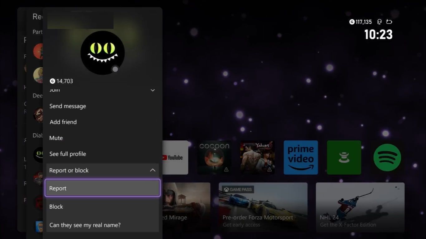 Опции профиля Xbox Series X с выделенной возможностью Пожаловаться