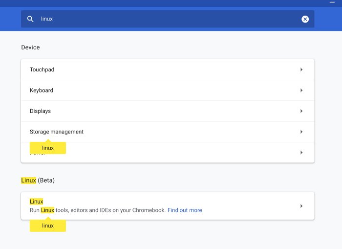 Опция Linux (бета) в настройках Chromebook