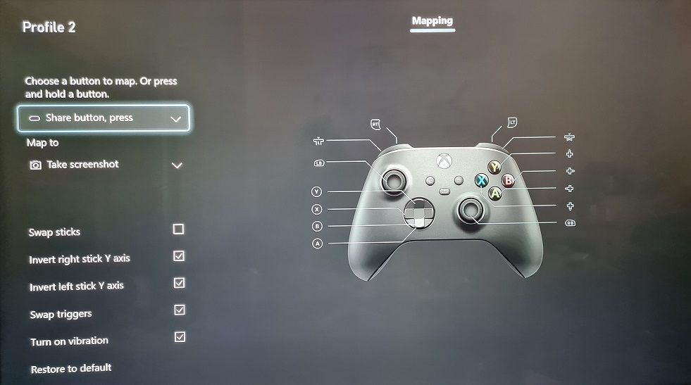 Пример переназначенного контроллера Xbox Series X