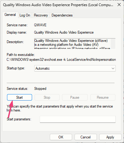 Кнопки управления службой Start и Stop