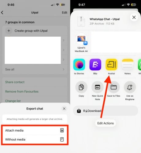 Выбор Arattai в меню шаринга на iPhone