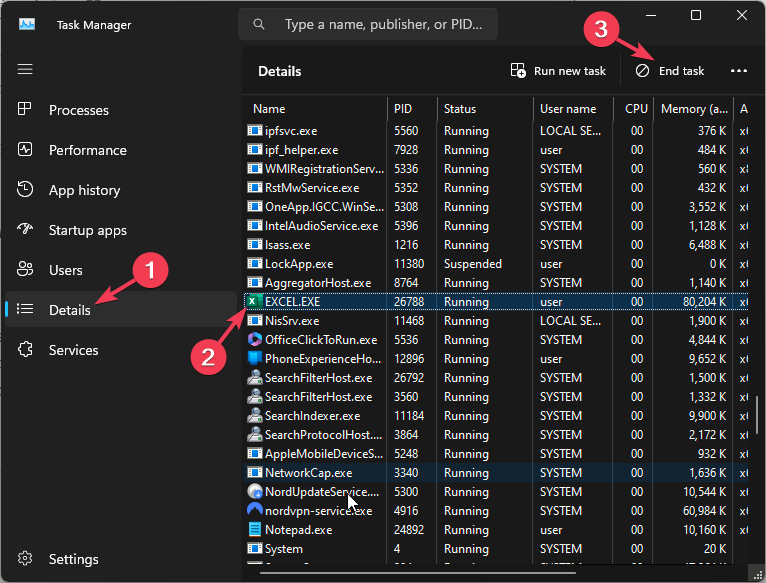 Подробности: завершение процессов Excel