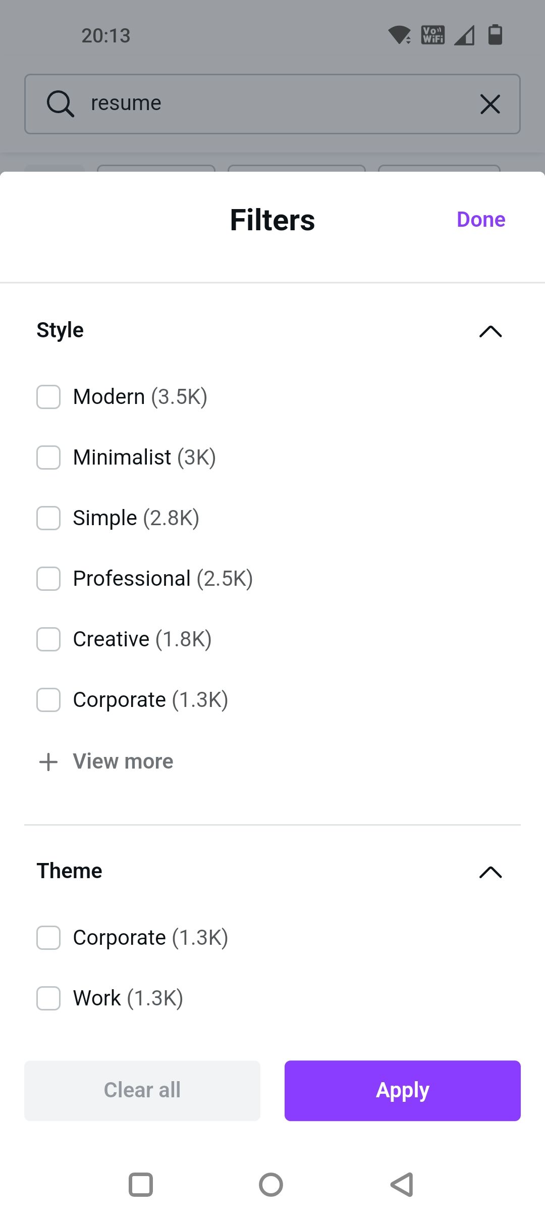 Фильтры шаблонов резюме в приложении Canva
